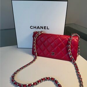 Chanel Vibrant Red Crossbody Bag with Silver Chain